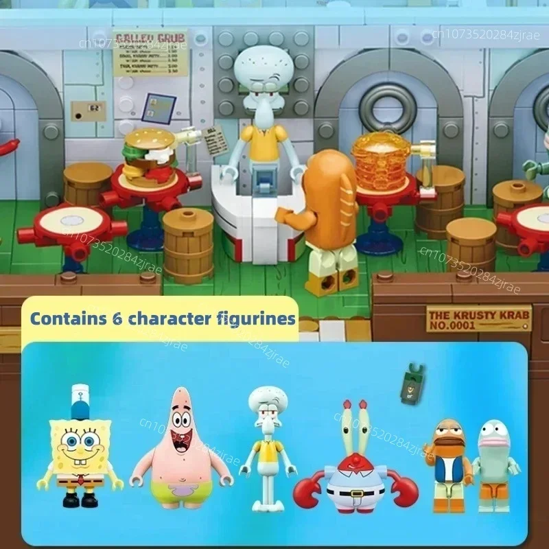 Spongebob building block cartoon Krusty Krab creative restaurant scene model Patrick Star assembly toy children's birthday gift 6