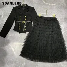 

New Personalized Set Long Sleeve Coat Double Breasted Jacket Mesh Cake Mid-length Skirt Fashion Western Style Two-Piece Suit