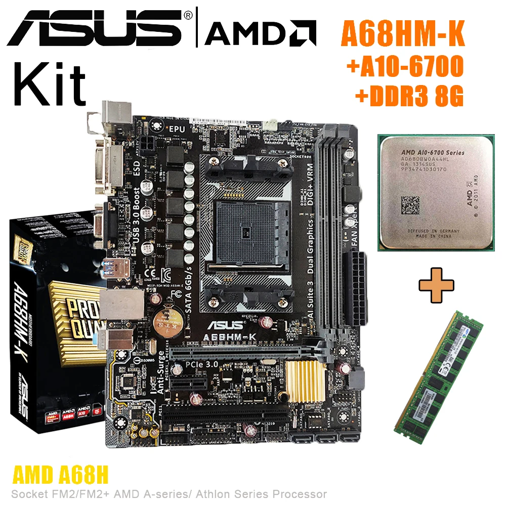ASUS Kit de placa base A68HM K A10 6700, CPU DDR3, 8G, chip AMD A68H