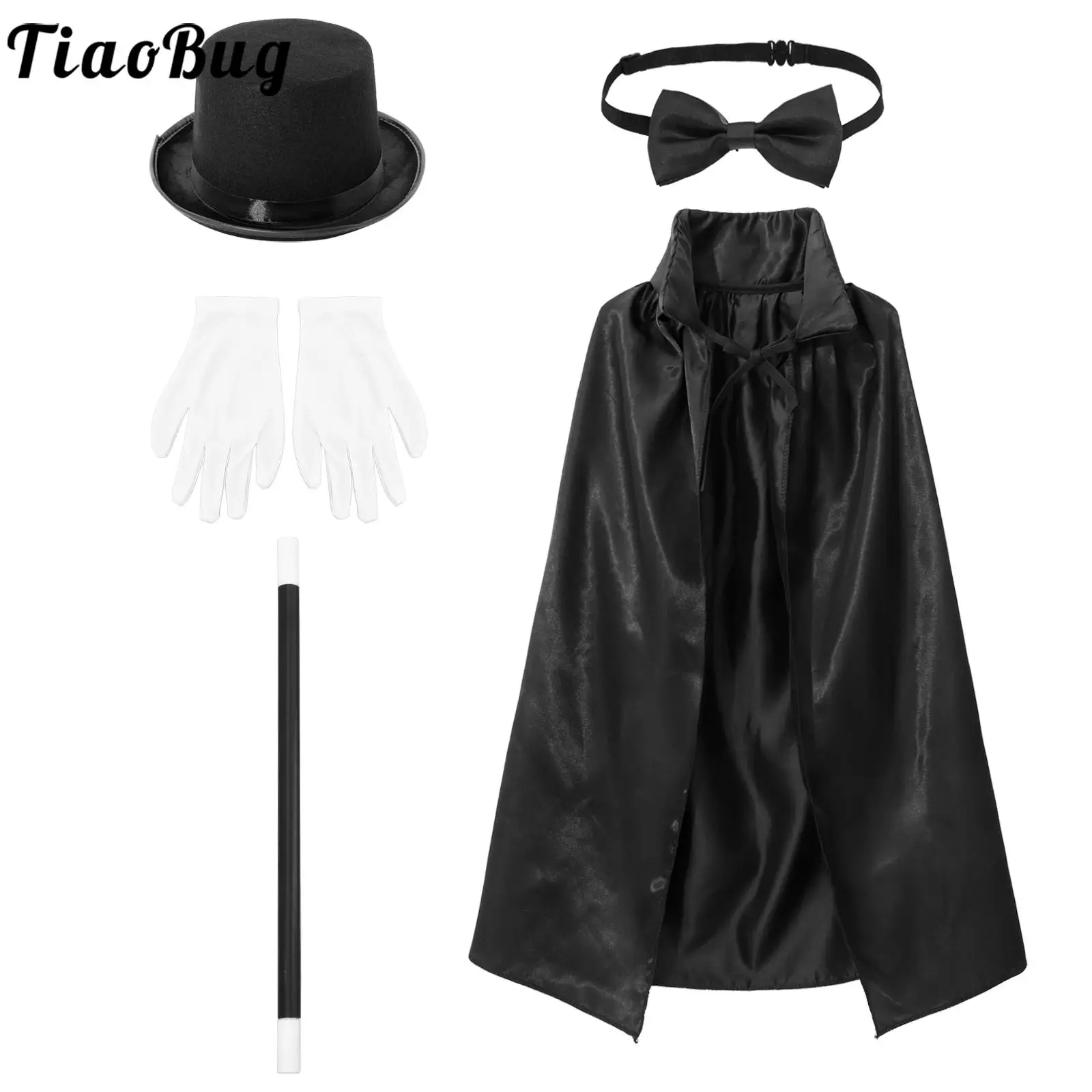 

Kids Magician Cosplay Costume Halloween Carnival Theme Party Wizard Role Play Dress Up Cape Hat Magic Wand Gloves Necktie Outfit