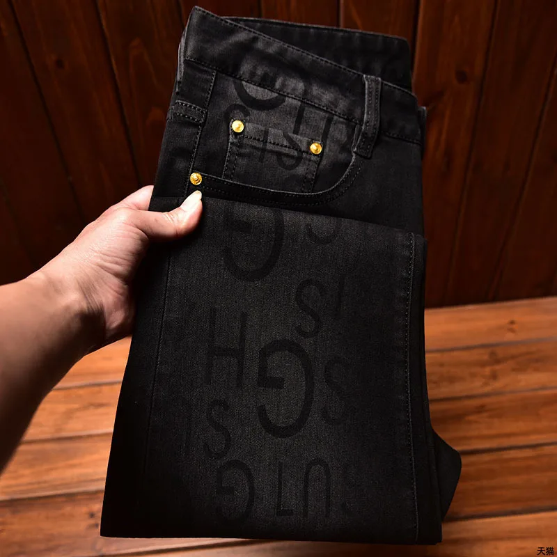 2024new light luxury black jeans men's high-end slim fit skinny stretch casual all-matching fashion printed trousers