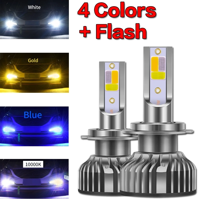 1 Pair Four Colors+Flash LED Car Headlight 10000LM Auto LED H4 H1 H3 H7 H8 H9 H11 H16 9005 HB3 9006 9012 HB4 3000K 6000K 10000K