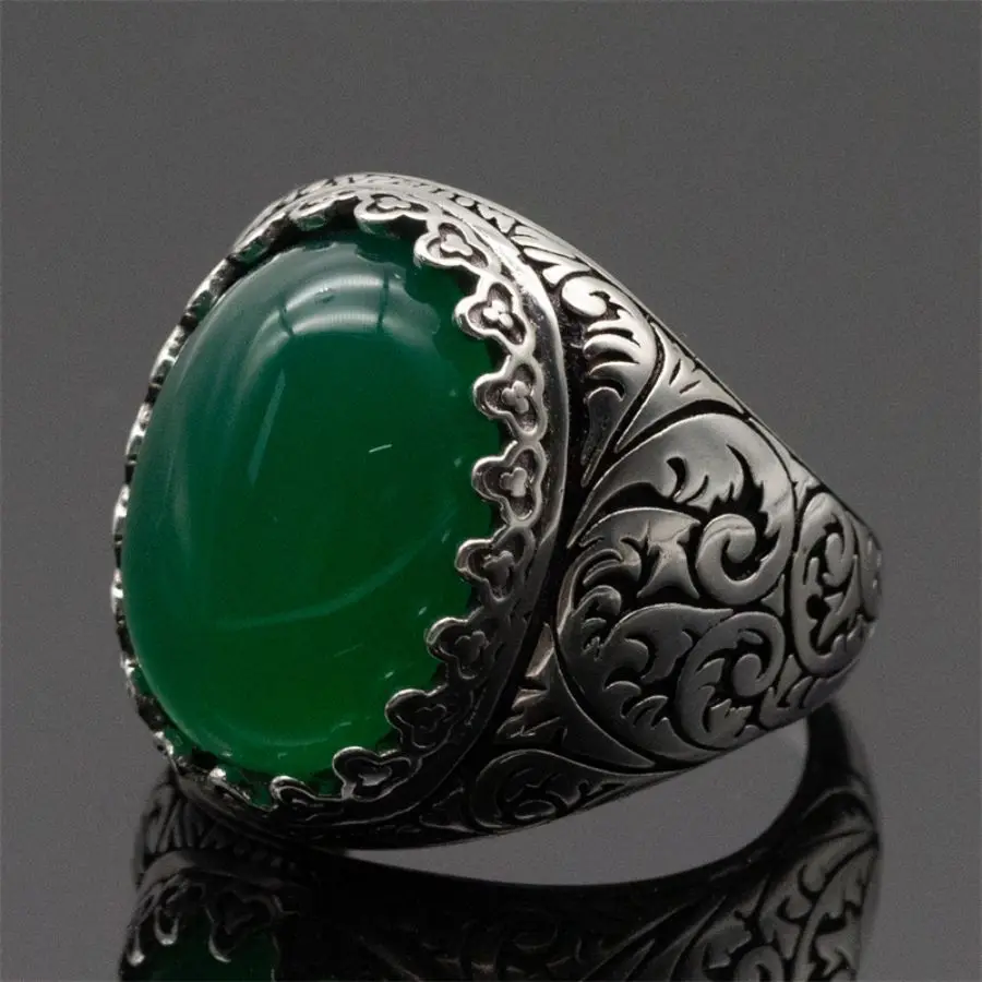 Bague vintage en pierre d'agate verte naturelle pour hommes