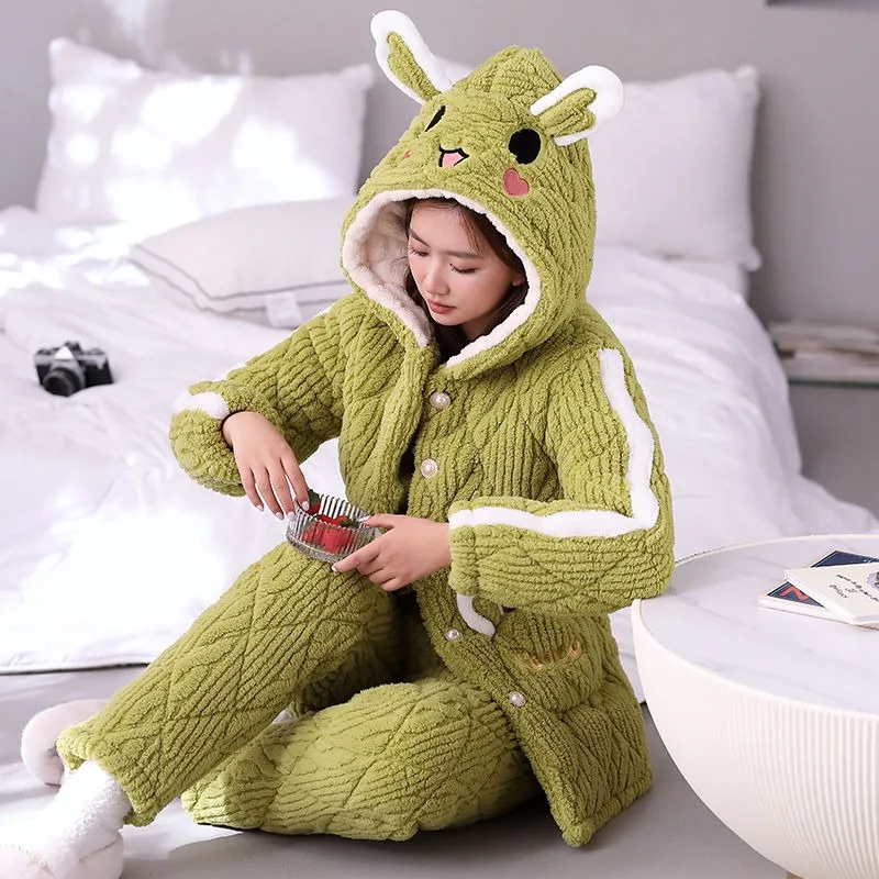 Women Pajamas Set Winter Three-layer Cotton Warm Loungewear Cute Foreign Velvet Sleepwear Super Thick Fashion Home Service Suit