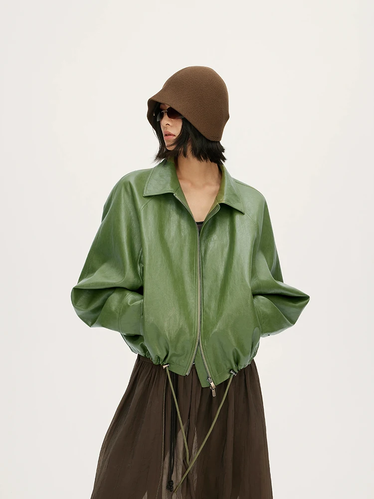 Lautaro Spring Autumn Green Short Pu Leather Jacket Women with Zipper Luxury Designer Clothes Loose Casual Korean Fashion 2026