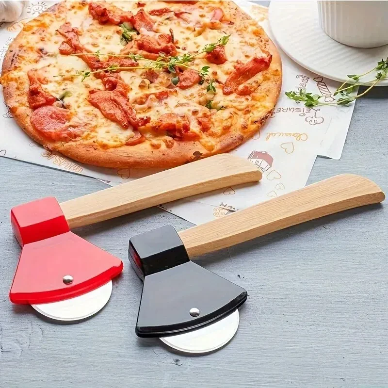1pc Stainless Steel Roller Pizza Cutting Creative Wooden Handle Axe Knife Circular Middle Handle, pizza cutter,roller cutter,pizza knife,pizza roller