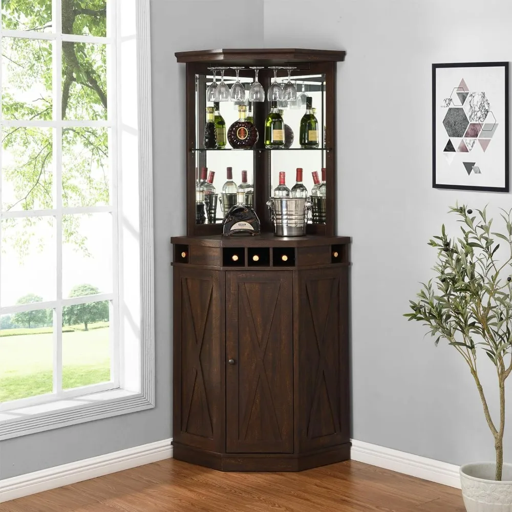 

73" Tall Corner Storage Cabinet with Wood Doors, Wine Rcak, Liquor Glass Holder, Glass Design Large Rustic Bar Hutch Living Room