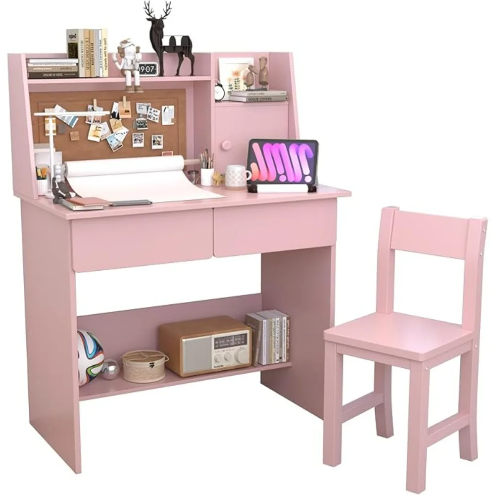 Kids Desk and Chair Set , Childrens Computer Desk with Drawers and Storage Shelf, Kids Study Table with Charging Station 6