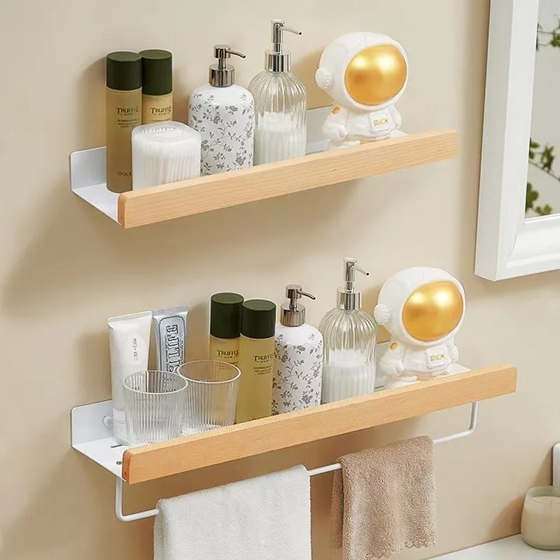 Wall-Mounted Bathroom Wooden Shelf Non-Punched Kitchen Storage Racks Waterproof And Moisture-Proof Bathroom Kitchen Accessories 5