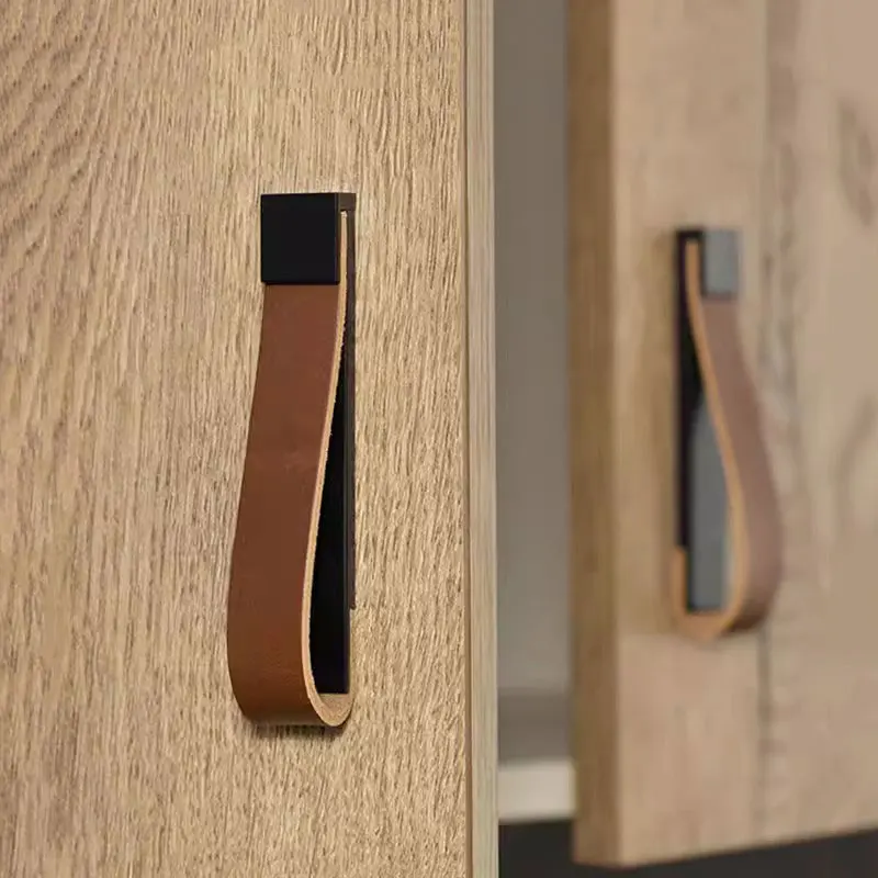 ที่จับเฟอร์นิเจอร์หนังวัวสีน้ำตาลสีดำแบบดึงตู้ลิ้นชักลูกบิดประตู 1