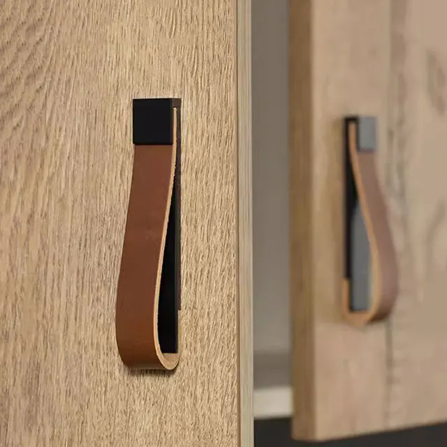 ที่จับเฟอร์นิเจอร์หนังวัวสีน้ำตาลสีดำแบบดึงตู้ลิ้นชักลูกบิดประตู 1