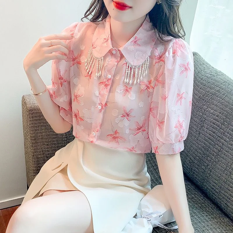 

French Super Fairy Doll Neck Short Sleeve Blouse Women 2023 Summer New Sweet Chain Design Fragmented Chiffon Blouse Female Top