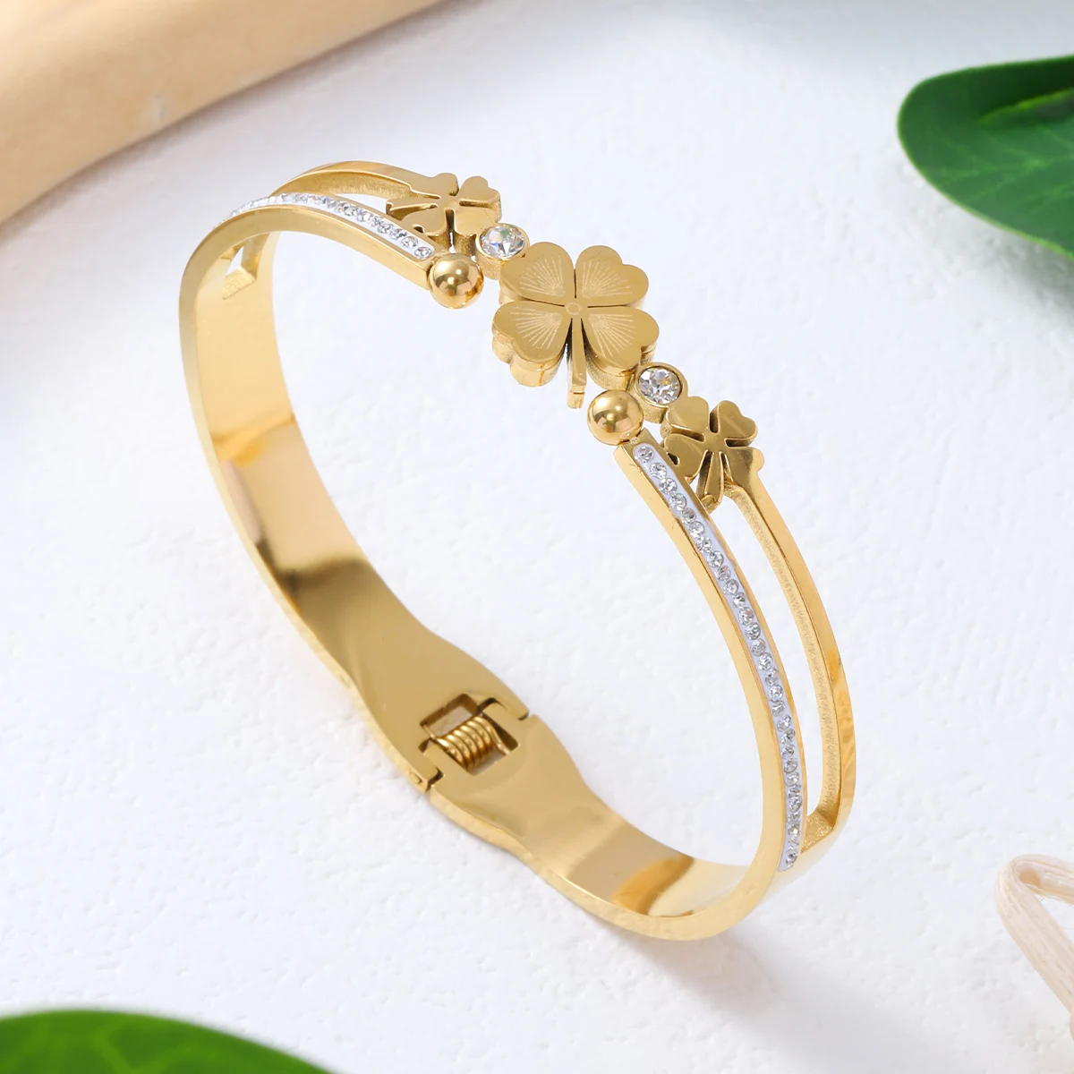 St. Patrick's Day Bangle Stainless Steel Jewelry Four-leaf Clover Cuff Bracelet Female CZ Bangles For Women bangle bracelet stainless steel bracelet