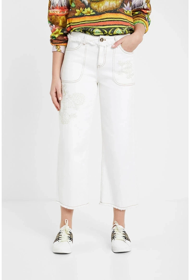 Pantalones vaqueros de pierna ancha para mujer, con patrón español, color blanco, novedad de verano| | - AliExpress