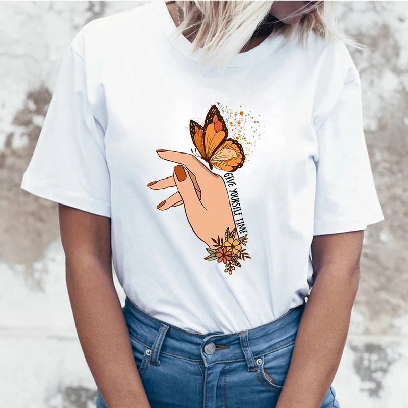 (High quality T-shirts)New Give Yourself Time Print Short Sleeves Round Neck Woman T-Shirt Summer Casual Tees