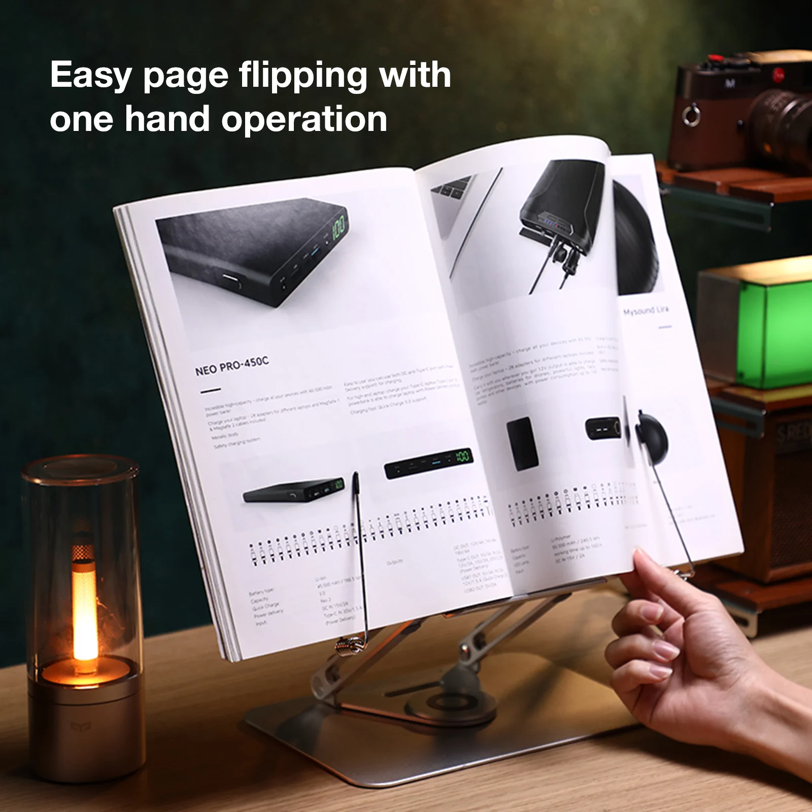 360&deg; Rotating Adjustable Reading Bookshelf Stand-Foldable Desktop Teaching Bookshelf with Elastic Page Clip, Ideal for Books,