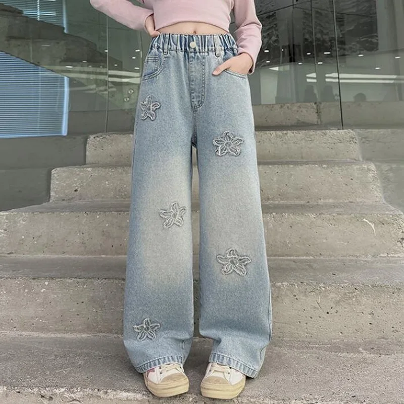 아메리칸 레트로 키즈 꽃무늬 아플리케가 있는 여아용 패션 밴딩 데님 팬츠 아동 와이드 레그 청바지