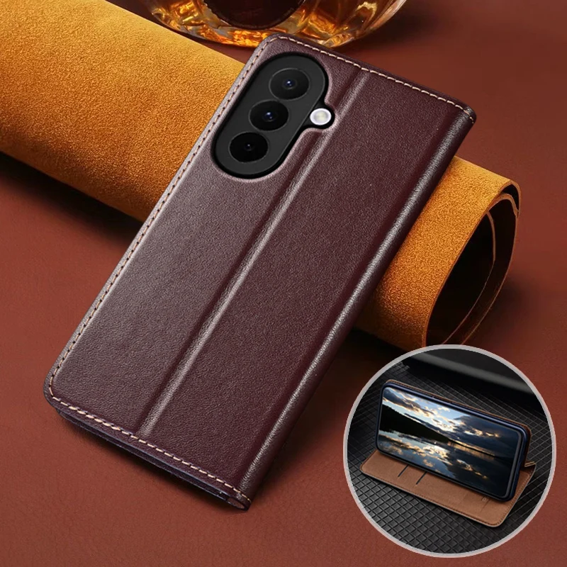 Luxury Napa Texture Genuine Leather Flip Wallet Case with Magnetic Closure and Card Pockets