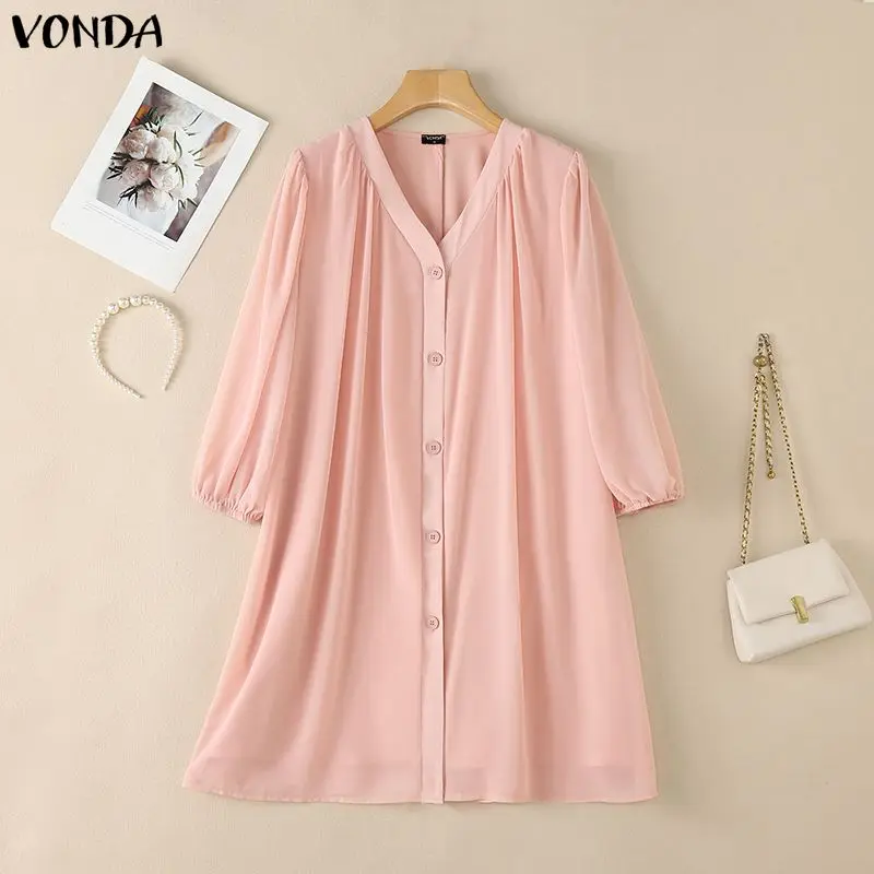 VONDA Summer Women Dress Half Sleeve See-through Summer Female Dresses Fashion Solid V Neck Vestidos OL Work Party Streetwear 4