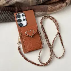 Elegant Heart Leather Wallet Phone Case with Chain Lanyard - Versatile Soft Cover - Galaxy A72 4G (Brown)