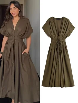 Robe été femme col V plissée dos nu manches courtes midi