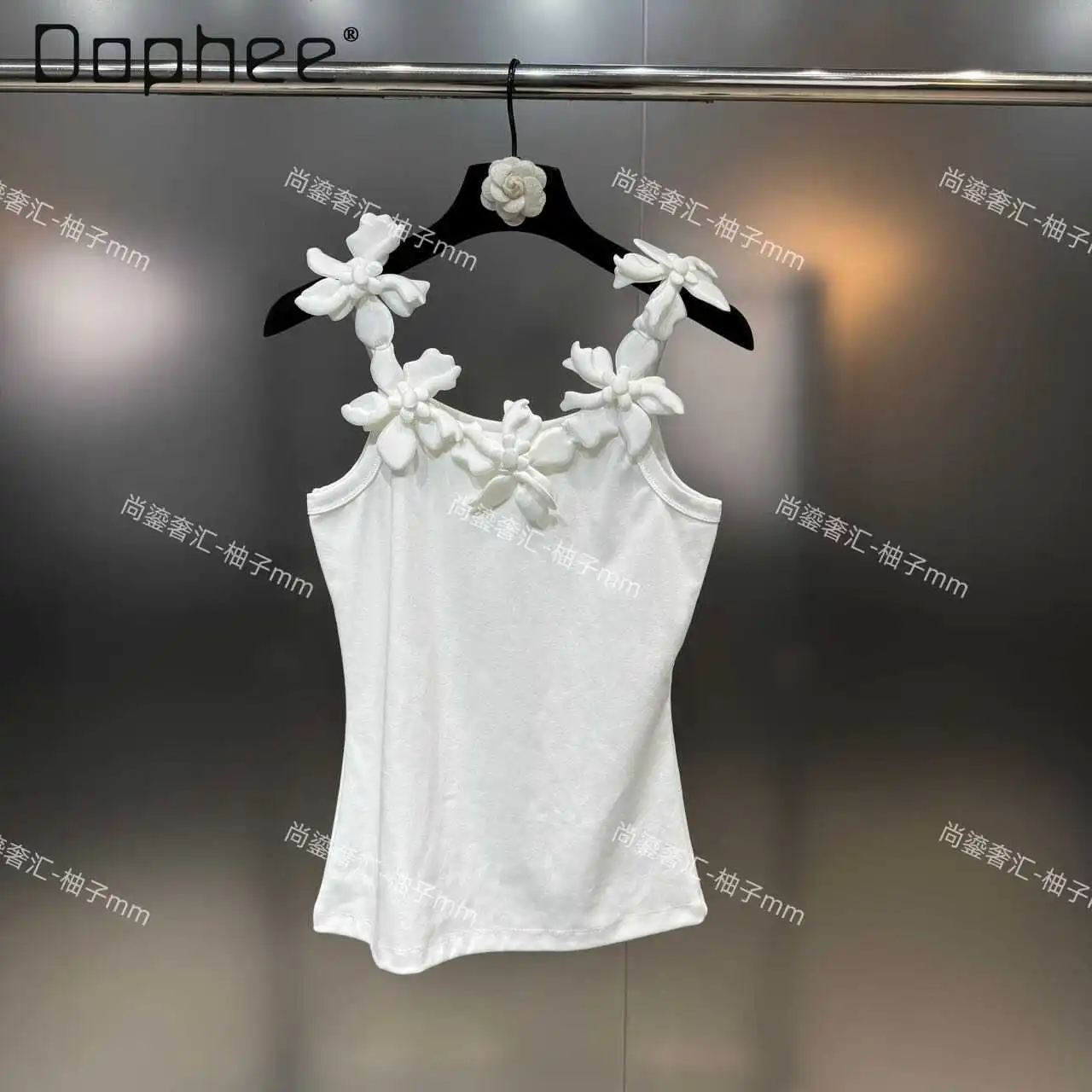 

Sexy 3D Large Flowers White Sling Tops for Women 2024 Summer New Ins Style Woman Sleeveless Slimming Square Neck Vest Ropa Mujer