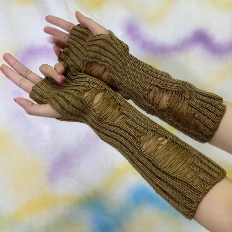 

Women's Black Tattered Gloves Punk Gothic Half Fingerless Cuff Broken Knitted Long Mittens Stretch Arm Warmer Cuff Cover