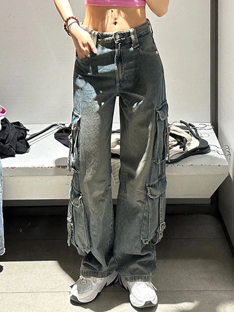 

Women Low Waist Blue Jeans with Side Belt Pocket Techwear Boyfriend Baggy Loose Wide Straight Leg Casual Denim Pant harajuku y2k