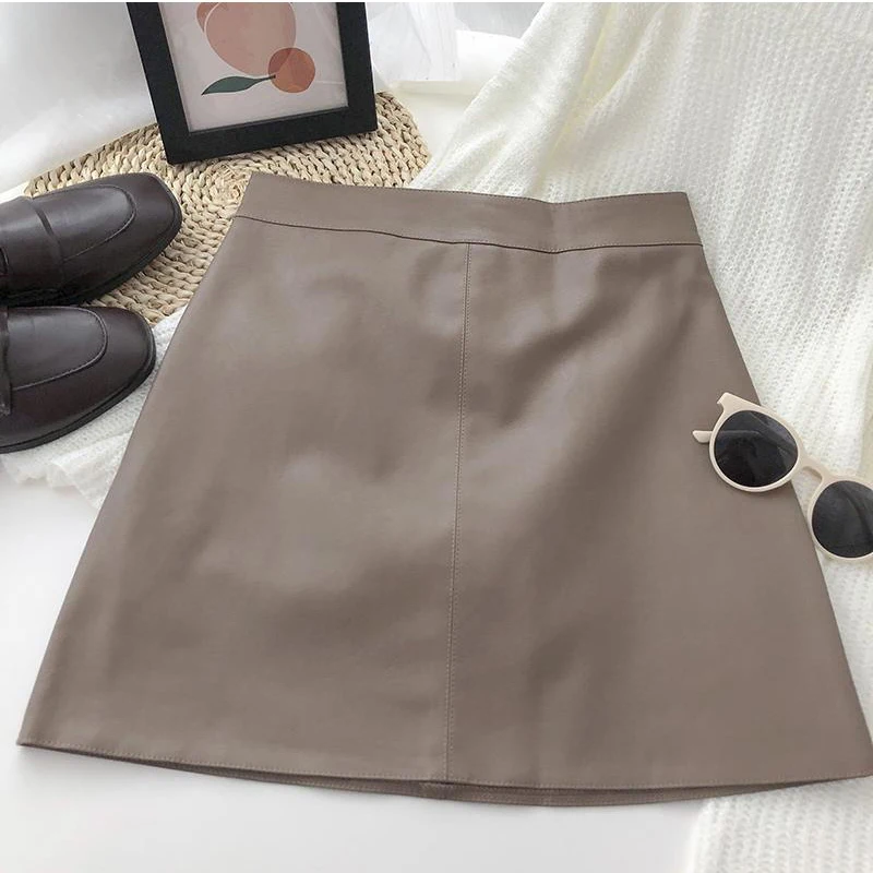 floral skirt JMPRS Women Skirt A-line Fashion High Waist Faux Leather Spring Zipper Up Korean Version PU Solid Color Female Mini Skirts New black leather skirt