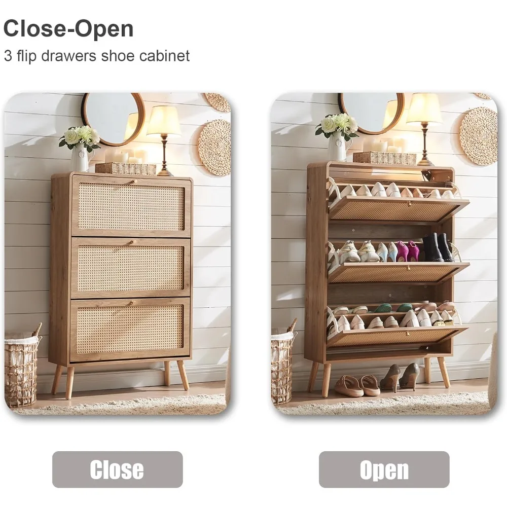 Rattan Shoe Cabinet with 3 Flip Drawers, 24 Pairs Shoe Storage Cabinet for Entryway Freestanding Hidden Shoe Rack 2