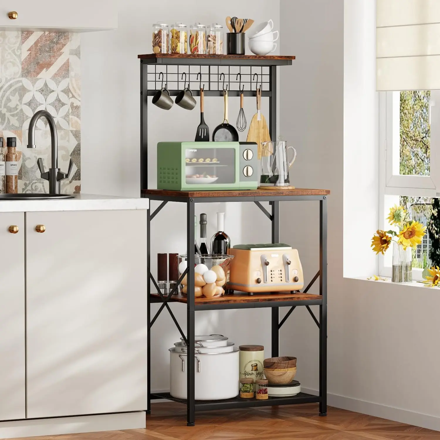 Kitchen Bakers Rack with Hutch, Coffee Bar Station 4 Tiers, Microwave Oven Stand with 6 S Hooks and Pegboard, Kitchen Microwave 2