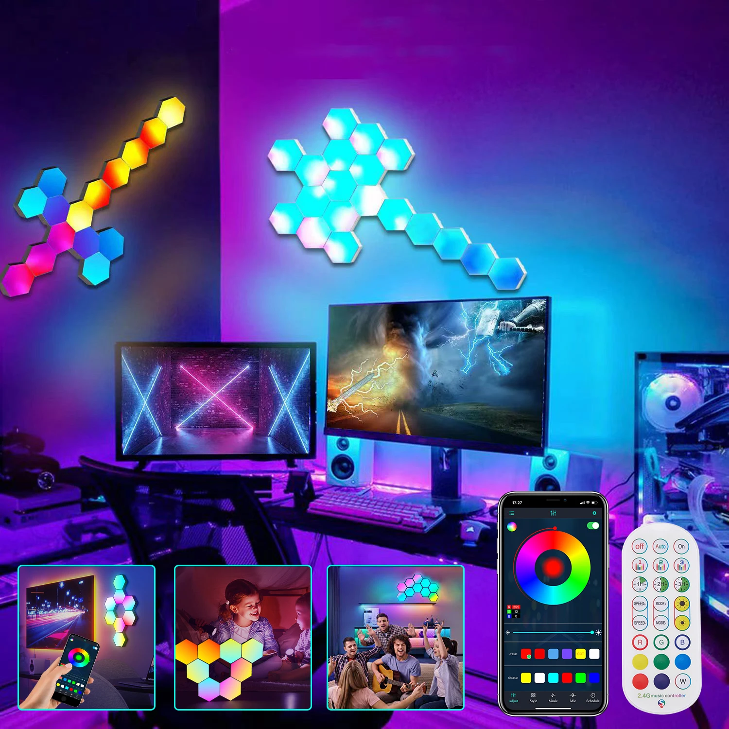 

3/6Pcs Smart LED Hexagon Wall Lights RGB Bluetooth App Control Gaming Panels DIY Night Lamp Music Sync Geometry Bedroom Decor