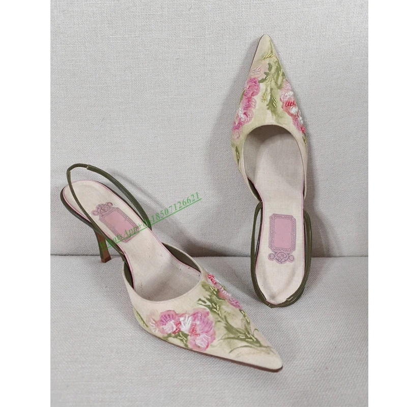 Embroidered pointed toe stiletto high heels 2023 new summer shallow mouth hollow slingback pumps women's shoes