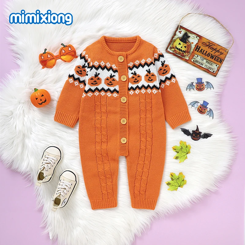 

Baby Boys Rompers Winter Orange Pumpkin Knit Newborn Infant Girls Jumpsuits Outfits 0-18m Long Sleeves Toddler Halloween Clothes