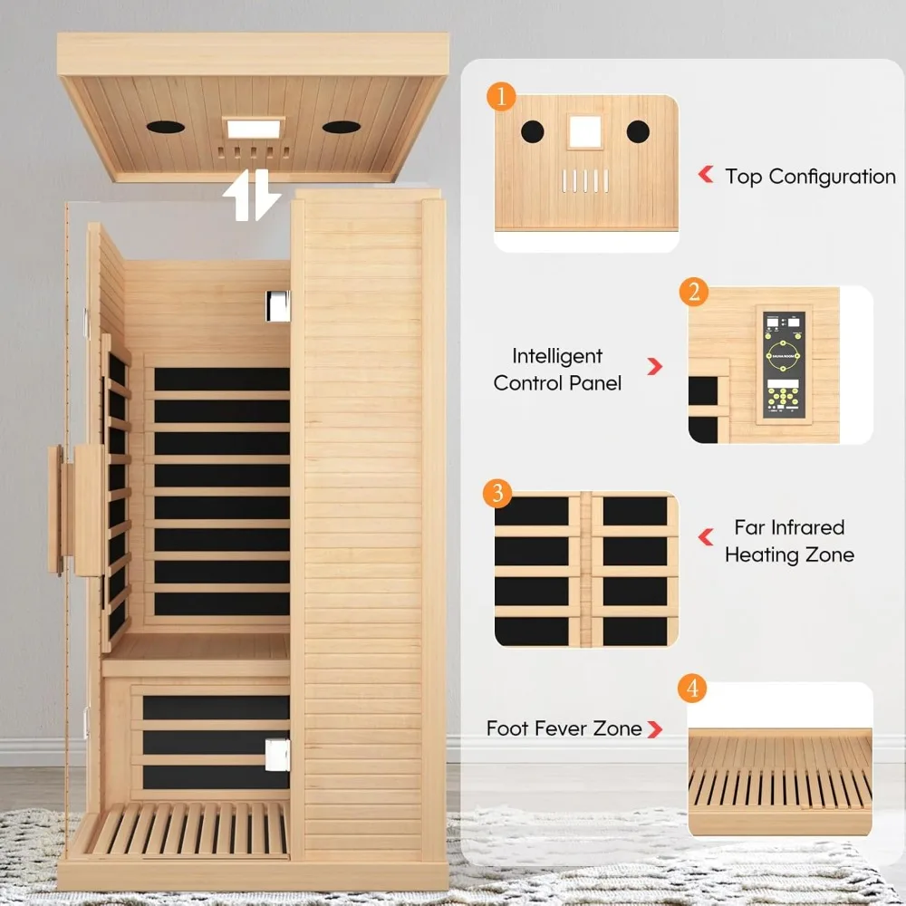 Sauna Room Indoor Far Infrared Saunas Home Canadian Hemlock 1420W Low-EMF Dry Saunas Single Person Spa with Oxygen Bar 3