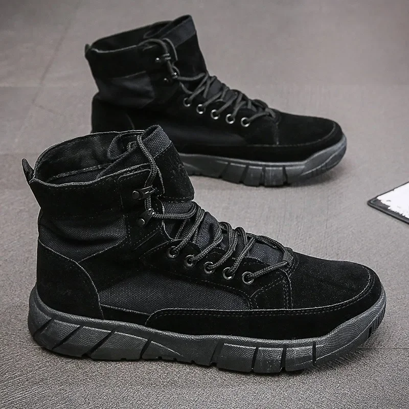 Mens High Top Canvas Shoes Casual Sneakers Breathable Trainers Lace Up Flats Trend Hiking Shoes Non-slip Mountaineering Shoes 2