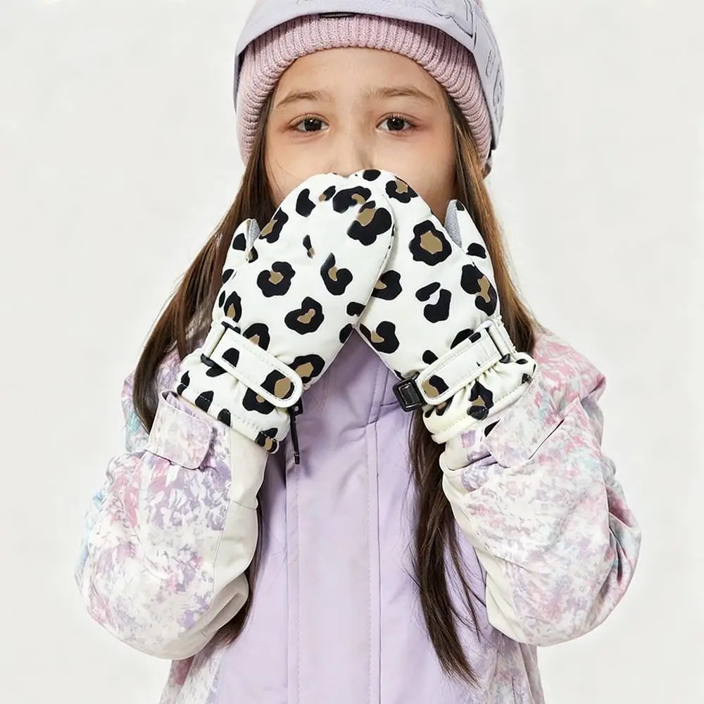 Cute Waterproof Children Skiing Gloves Windproof Warm Winter Warm Gloves Leopard Print Mittens for Girls Boys