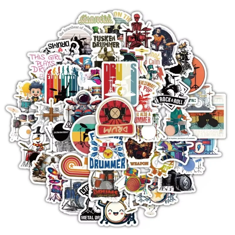 60Pcs/Set Cartoon Rock Music Band Instruments Drums Graffiti Stickers Skateboard Refrigerator Desktop Waterproof Sticker Gifts