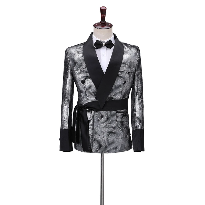Latest Coat Pant Designs Slim Shiny Silver Smoking Jacket Italian Tuxedo Dress Double Breasted Men Suits For Wedding Groom