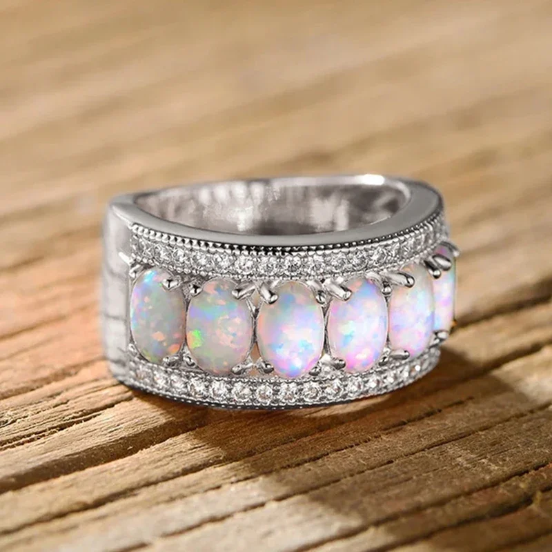 Huitan Gorgeous Imitation Opal Stone Rings for Women Unique Shiny Cubic Zirconia Wedding Band Jewelry Noble Finger Accessories Huitan Gorgeous Imitation Opal Stone Rings for Women Unique Shiny Cubic Zirconia Wedding Band Jewelry Noble Finger Accessories