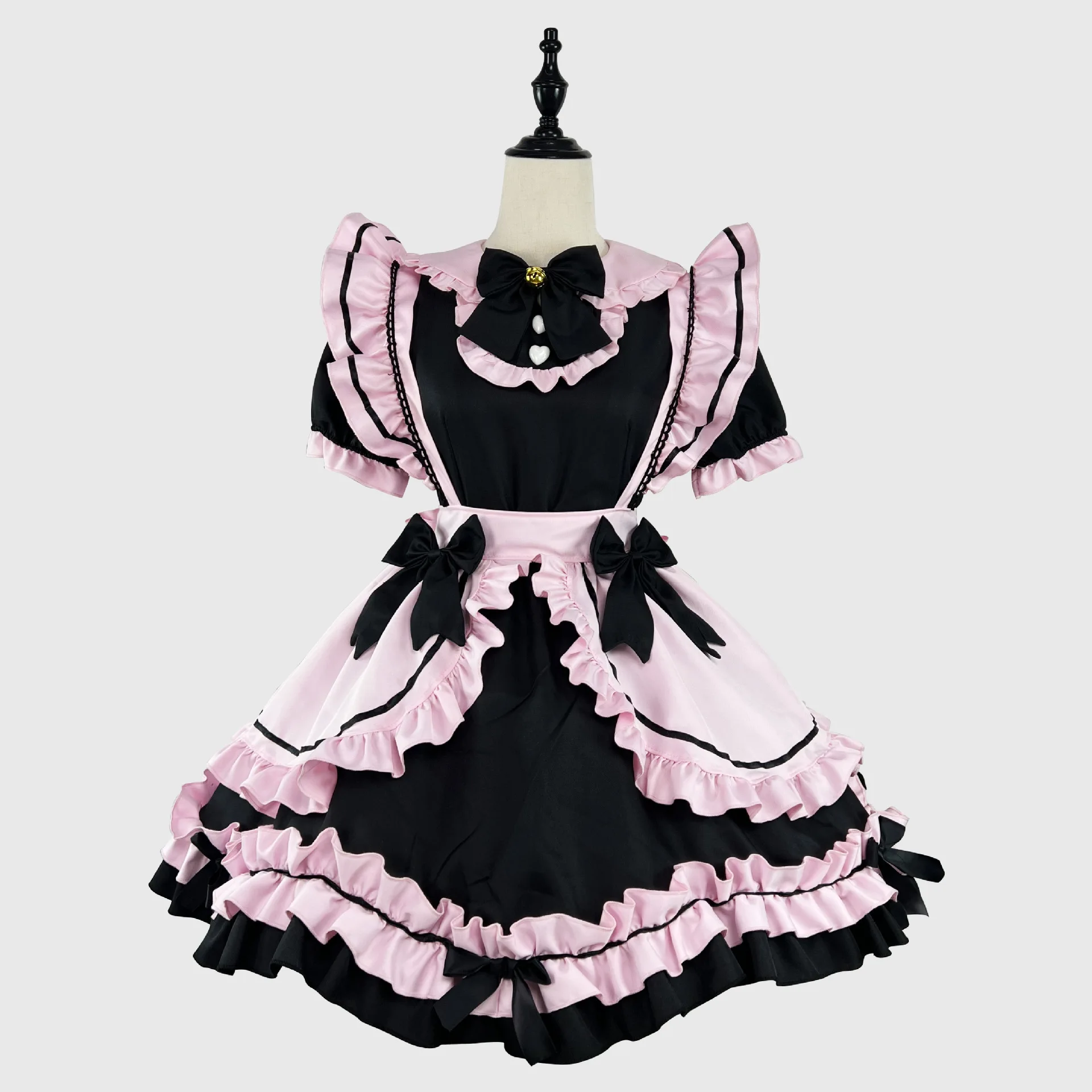 Lolita Black Pink Color Matching Maid Outfit Cosplay Cute and Sweet Girl Bow Decor Soft Kawaii Bow Maid Party Dresses