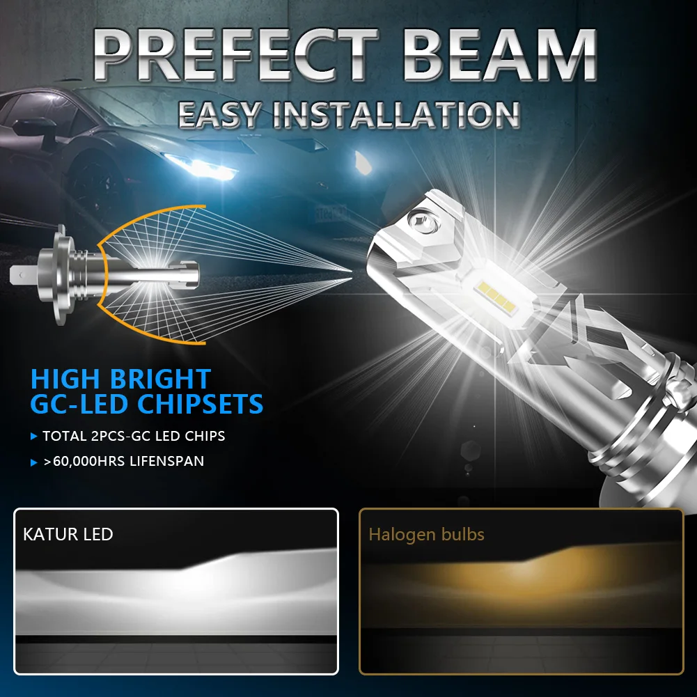 Katur H7 LED Headlight Bulbs 55W 12000LM Fanless 6500K Xenon White Low Beam Headlight Conversion Kit Fog Light Fanless Wireless