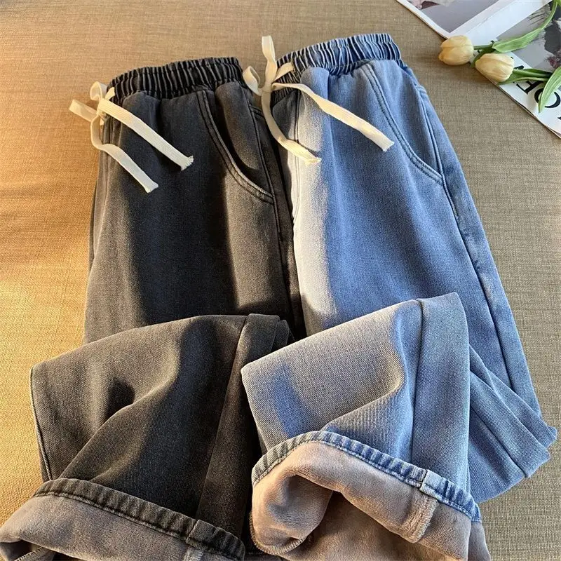 Retro Korean Jeans Men and Women Fall and Winter Models Padded and Thickened Loose Straight Wide