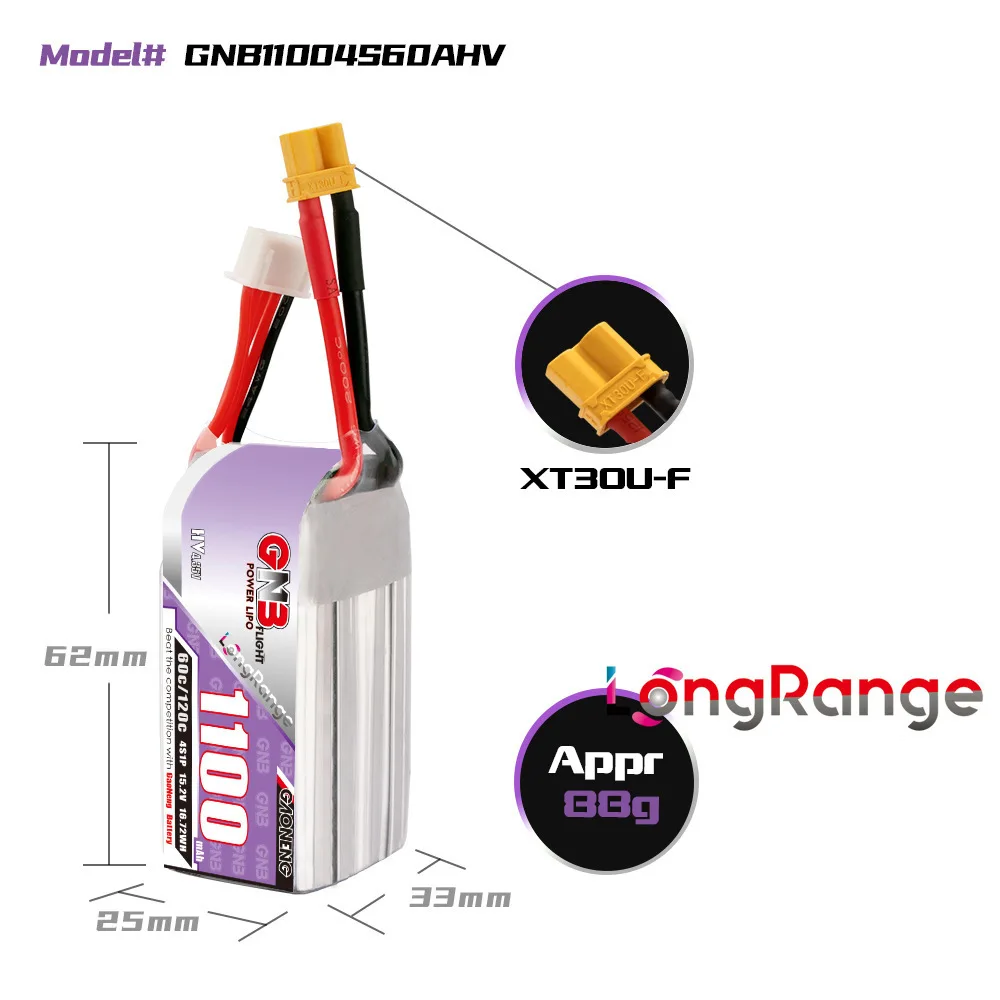 Batterie Lipo GNB 15.2V 1100mAh 60C 4S 1P pour RC Drone Voiture Avion