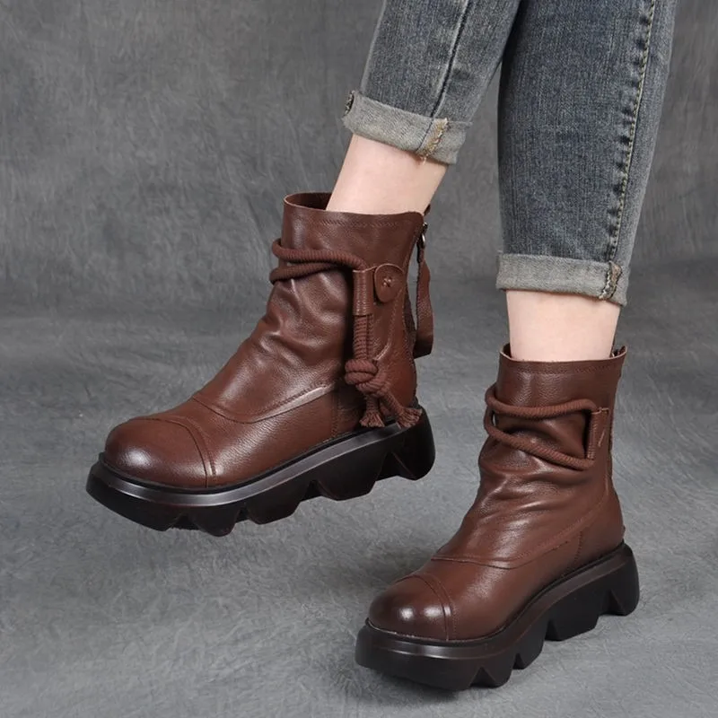 

New Women's Short Boots Casual Shoes High Top Leather Cowboy Boots Round Toe Lace-up Platform Ankle Boots