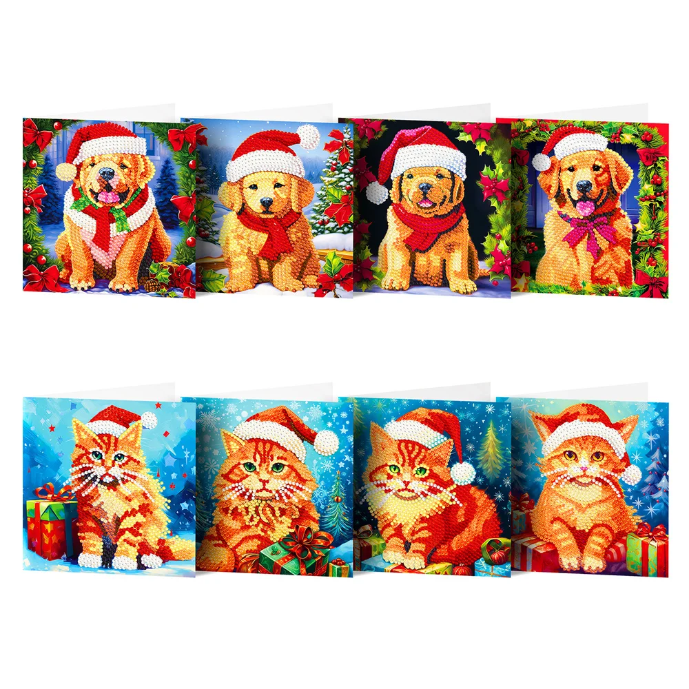 

New dog and cat diamond painting Christmas greeting card special-shaped diamond mosaic kit 8pcs holiday blessing card gift