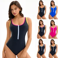 One Piece Swimsuits for Women Athletic Bathing Suits Color Block Zip Up Swimwear Sporty Backless Swimsuit