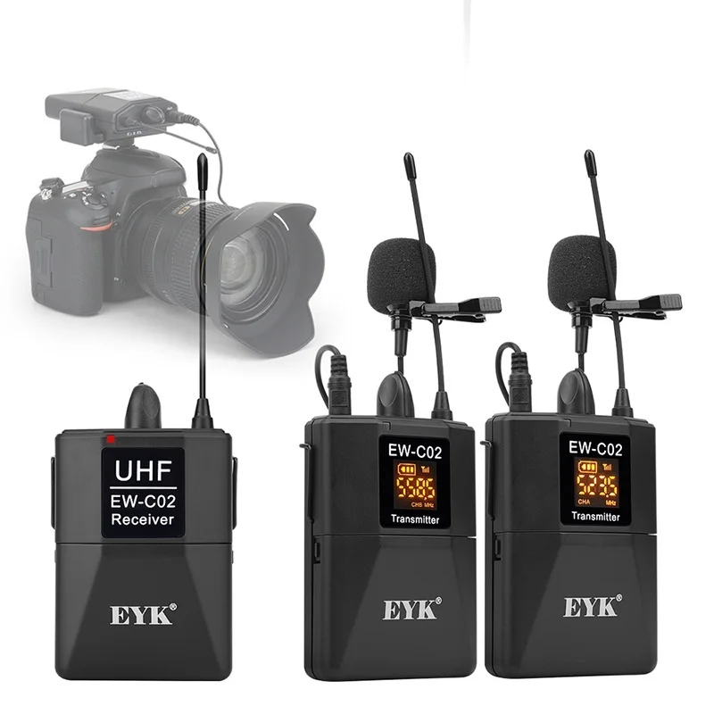 

New EW-C02 30 Channel UHF Wireless Dual Lavalier Microphone System 60m Range for DSLR Camera Phone Interview Recording Lapel Mic