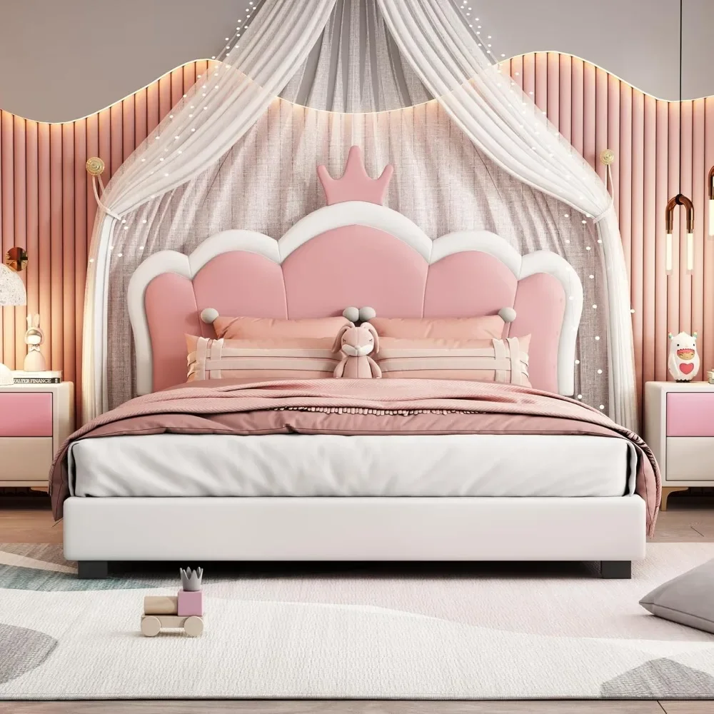 Full Size Upholstered Princess Bed with Crown Headboard, Full Size Platform Bed with Headboard and Footboard Suitable for girls 2