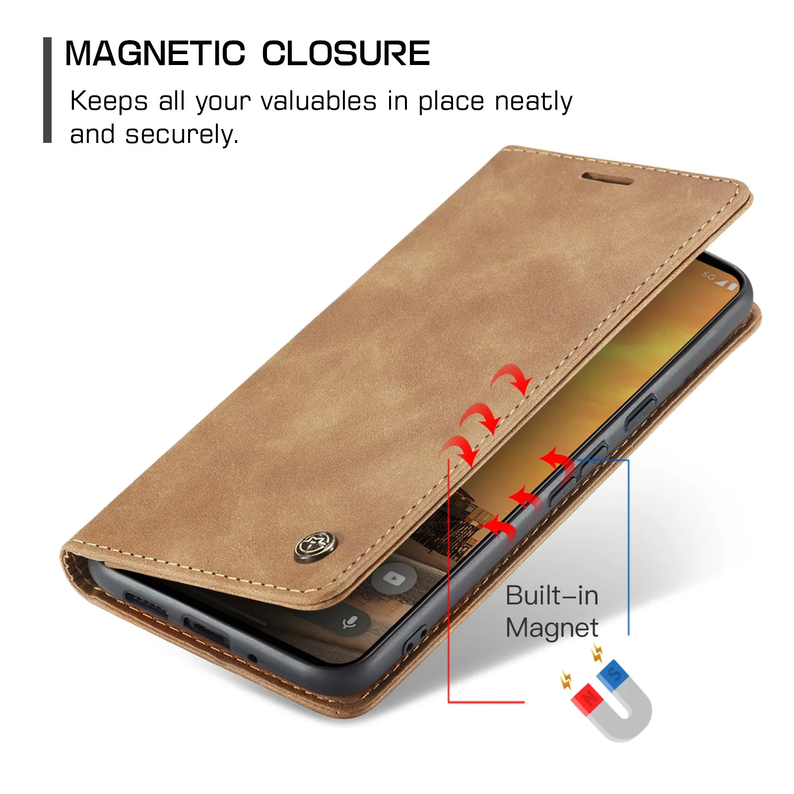 Magnetic Leather Wallet Case with Stand & Pocket